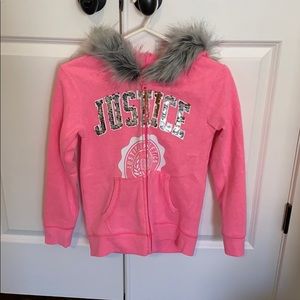 Justice brand hot pink fur hood jacket. NWT
